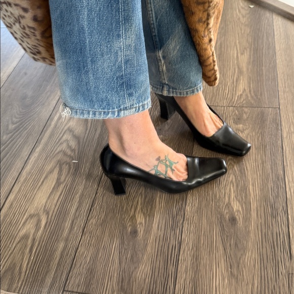 Italian leather Black Square-Toe block Heels size 9 - Picture 6 of 13